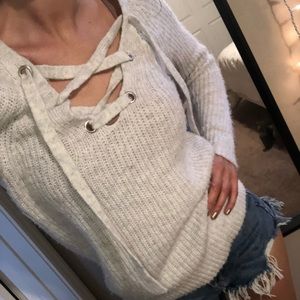 Grey Knit Ribbon Lace Sweater